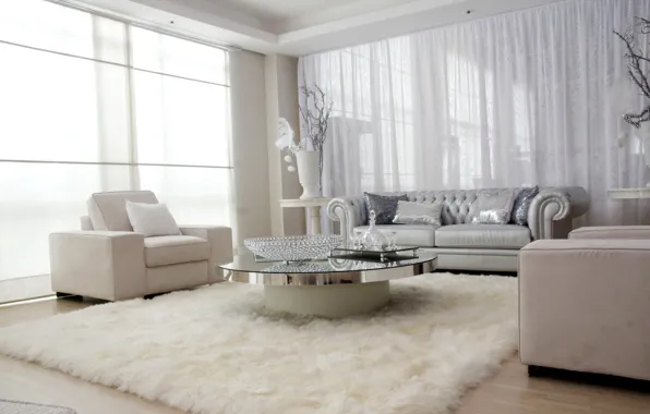Картинка белый, дизайн, комната, диван, ковер, интерьер, кресло