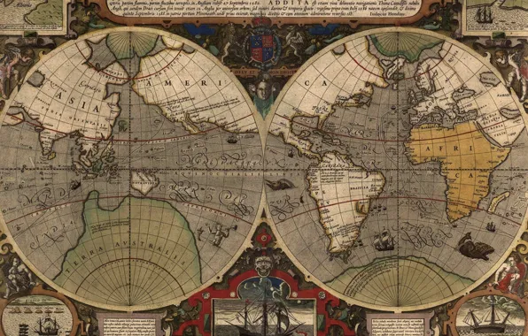 Море, океан, земля, рисунок, корабль, остров, карта, материк