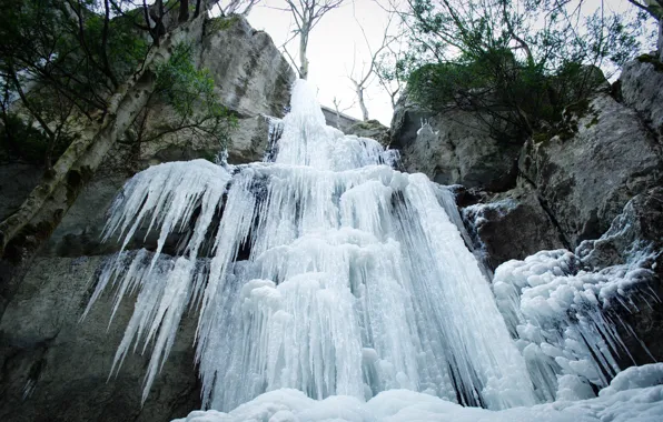 Зима, скалы, водопад, лёд, Nature, winter, waterfall, frozen