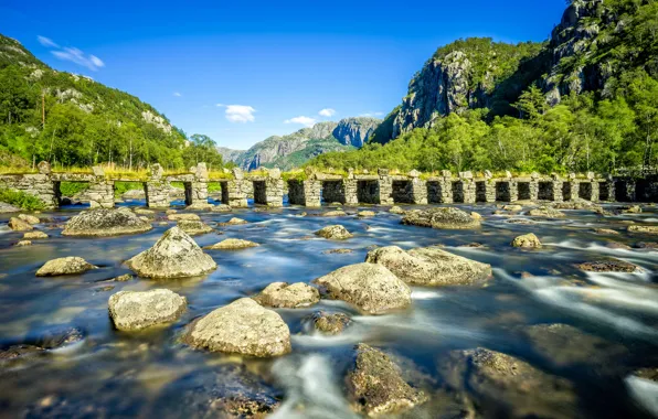 Горы, мост, река, камни, Норвегия, Norway, Ругаланн, Rogaland