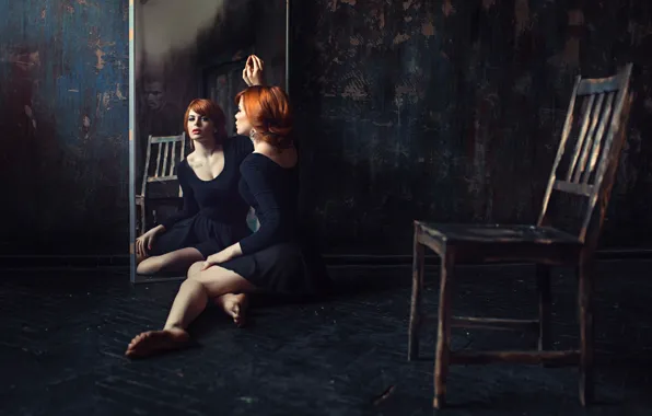 Картинка девушка, отражение, зеркало, стул, мужчина, рыжеволосая, Георгий Чернядьев, The loneliness