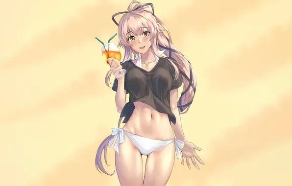 Girl, sexy, long hair, anime, beautiful, ponytail, pretty, drink