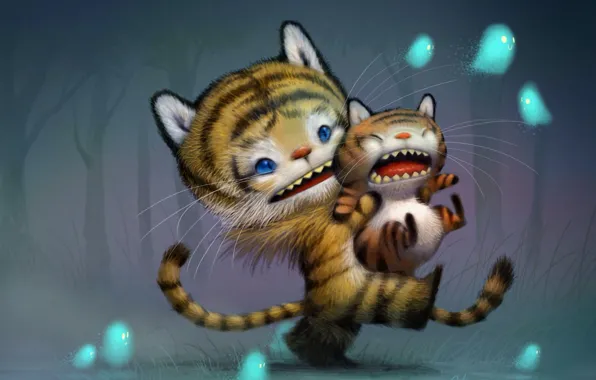 Кошка, полоски, семья, арт, прогулка, детская, Bobby Chiu, Бобби Чиу