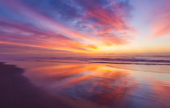 Colors, waves, beach, sky, sea, coast, clouds, sunrise