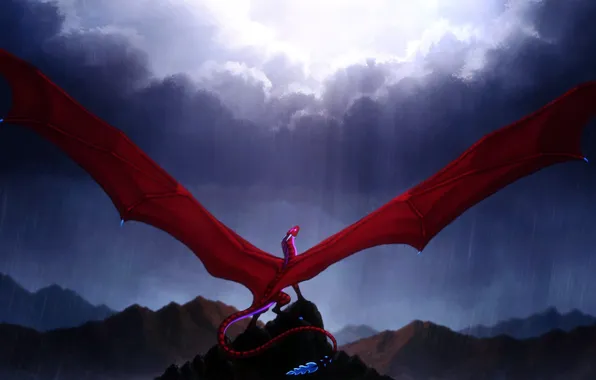 Картинка небо, фантастика, дождь, крылья, арт, хвост, красный дракон