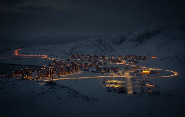 Снег, горы, дома, Гренландия, Greenland