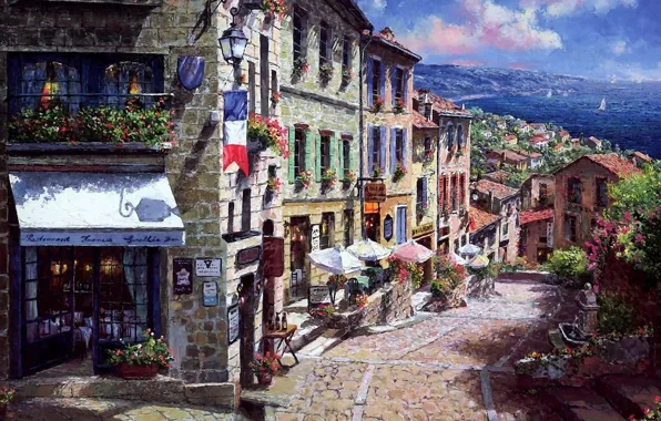 Картинка море, цветы, улица, Франция, дома, картина, флаг, зонтики