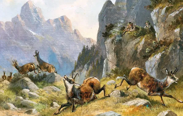 Горы, Картина, Охотники, Серна, Немецкий художник-анималист, Мориц Мюллер, Охота на серну высоко в горах, Moritz …