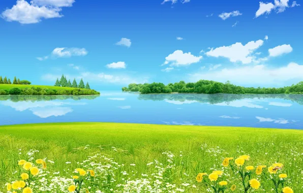 Картинка небо, трава, деревья, пейзаж, цветы, река