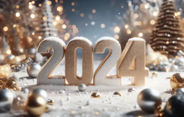 Цифры, Новый год, golden, decoration, numbers, New year, 2024