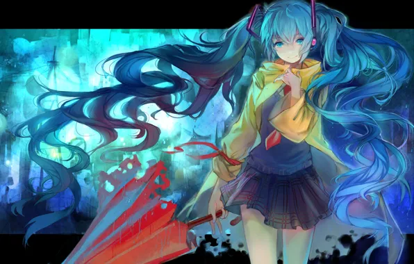 Девушка, зонт, наушники, галстук, форма, Hatsune Miku, Vocaloid