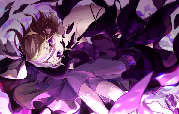 Взгляд, девушка, аниме, платье, лежит, vocaloid, kagamine rin