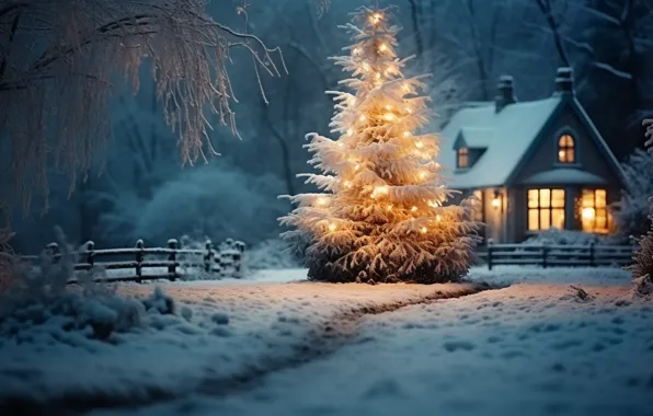 Картинка зима, снег, украшения, ночь, lights, елка, Новый Год, Рождество