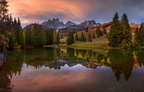 Картинка пейзаж, закат, горы, природа, озеро, отражение, склоны, Австрия