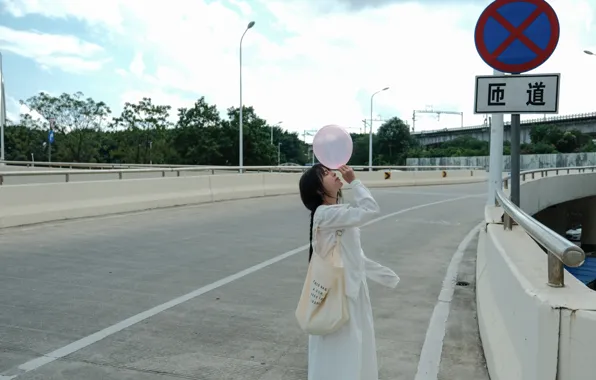 Beautiful, Asian, Model, pretty, Woman, Road, Baloon, Long Shot