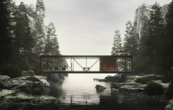 Лес, горы, дизайн, строение, водоём, 1964, Weekend House Project, Craig Ellwood