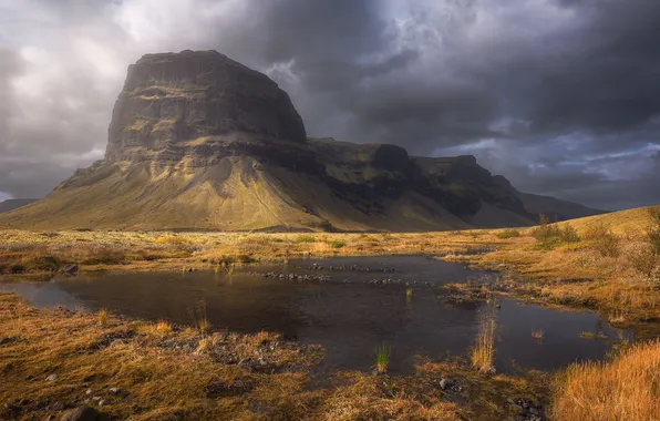 Трава, вода, облака, гора, Iceland, Patrick, величие природы, живописный пейзаж