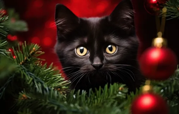 Кошка, кот, взгляд, шарики, ветки, котенок, черный, Рождество