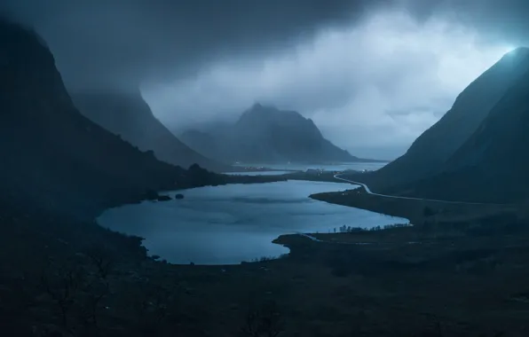 Картинка горы, долина, Норвегия, дымка, поселок, фьорды