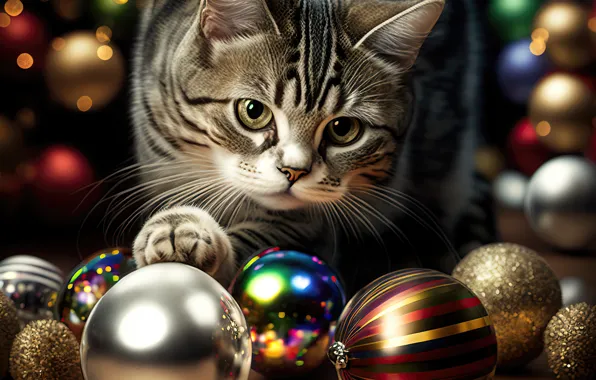 Кошка, кот, взгляд, шарики, котенок, игра, блеск, Рождество