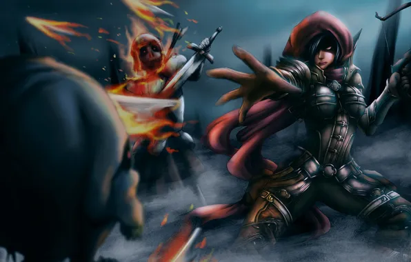 Картинка девушка, оружие, рука, арт, капюшон, Diablo 3, нежить, Demon Hunter