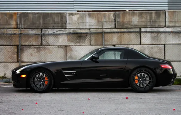 Картинка чёрные, чёрный, Мерседес, профиль, диски, black, Mercedes benz, sls amg