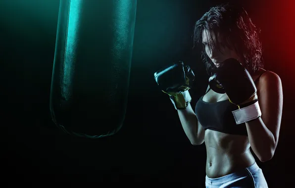 Картинка Sports, Woman, Boxer, Gloves, Boxing, Dark background