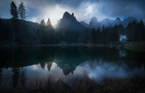 Деревья, горы, озеро, домик, Italian Dolomites