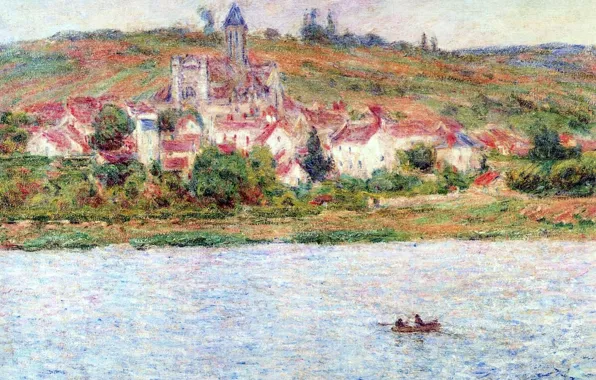 Картинка пейзаж, река, лодка, картина, Клод Моне, Ветёй. Утренний Эффект