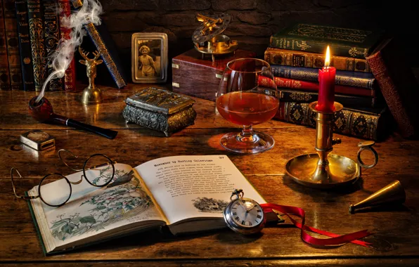 Стиль, книги, часы, бокал, натюрморт, свеча, очки, курительная трубка
