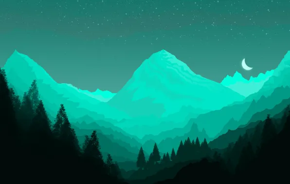 Картинка green, minimal, dark, light, moon, forest, background, mountains