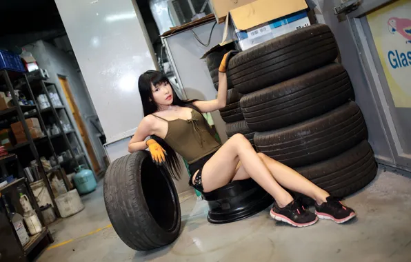 Asian, legs, women, gloves, dark hair, tires, mechanics, Yen-Hsun Shih