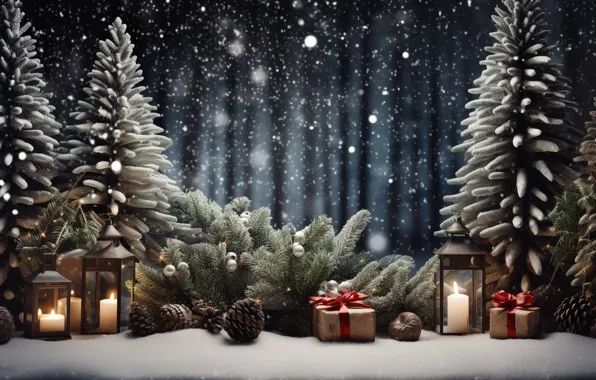 Зима, снег, украшения, ночь, елки, Новый Год, Рождество, фонарь