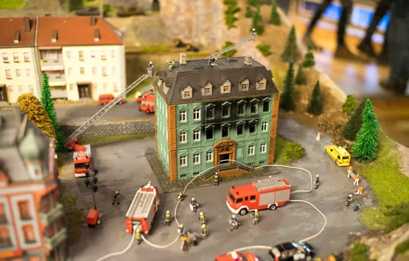 Fire, house, miniature, firefighters