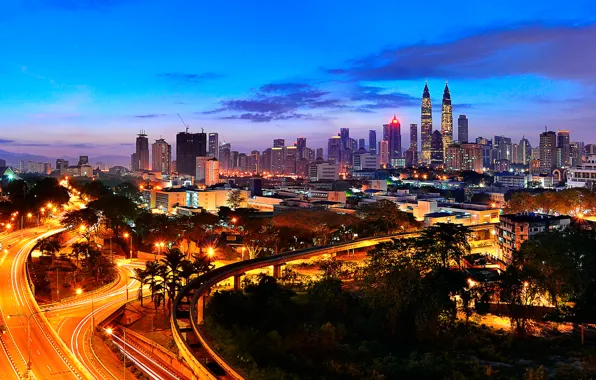 Картинка небо, пейзаж, ночь, огни, улица, дома, панорама