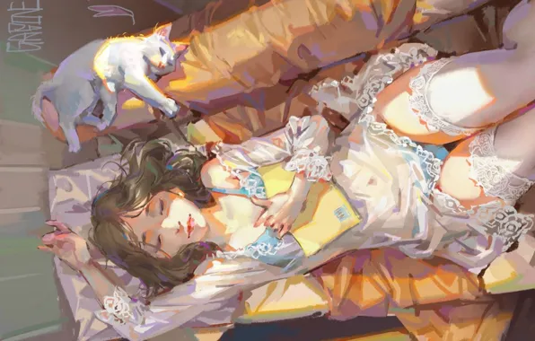 Девушка, диван, сон, пеньюар, подушка, книга, кружево, art