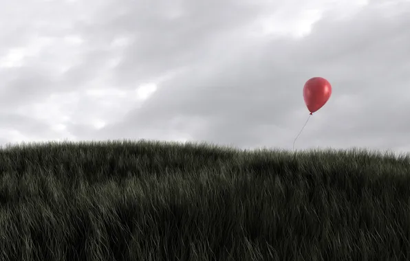 Картинка поле, трава, один, Природа, шарик, alone, balloon