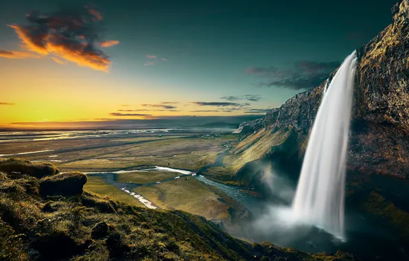 Landscape, nature, sky, moss, twilight, plain, sunset, waterfall