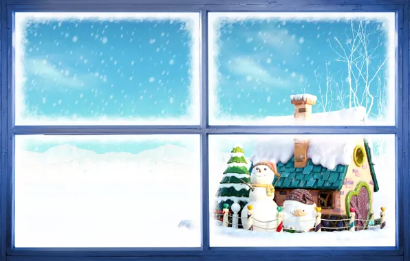 Новый год, окно, снеговики