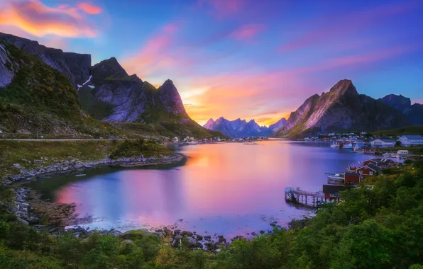 Картинка закат, горы, бухта, деревня, Норвегия, залив, Norway, Нурланн