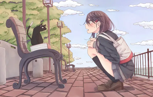 Картинка кошка, небо, девушка, арт, лавочка, набережная, rutchifu