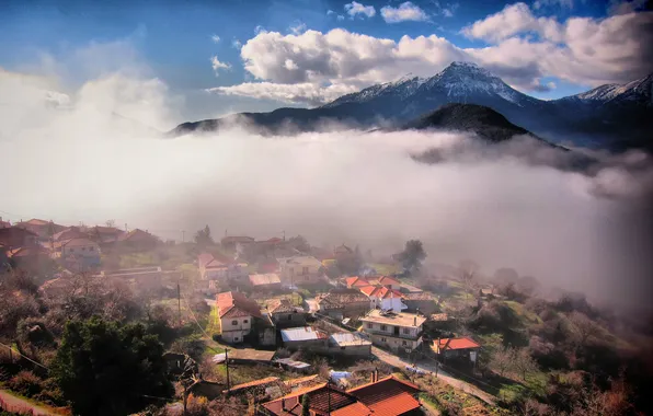 Картинка горы, туман, селение