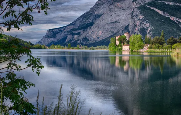 Картинка пейзаж, горы, Италия, Italy, водная гладь, Castel Toblino, Замок Тоблино, Lake Toblino