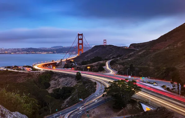 Дорога, мост, город, обои, вечер, USA, америка, california
