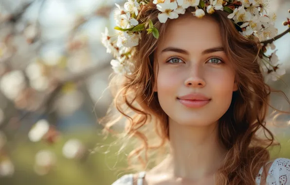 Взгляд, девушка, свет, цветы, лицо, улыбка, портрет, весна