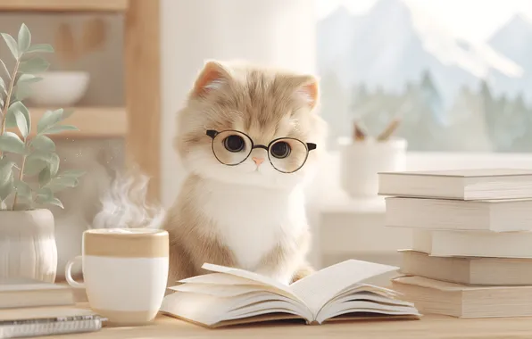 Кошка, взгляд, горы, поза, котенок, стол, чай, книги