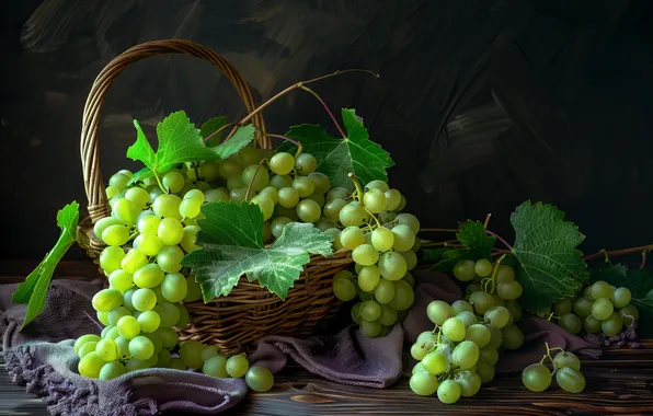 Листья, зеленый, темный фон, стол, виноград, натюрморт, корзинка, ИИ-арт
