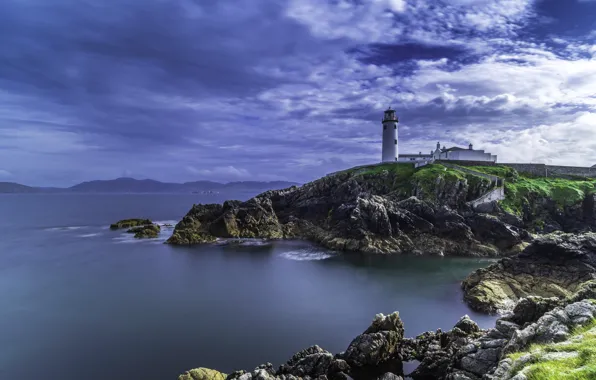 Картинка море, облака, пейзаж, скалы, маяк, Ирландия, Donegal, Fanad Head Lighthouse