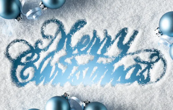 Снег, праздник, надпись, шары, Рождество, синие, поздравление, Merry Christmas