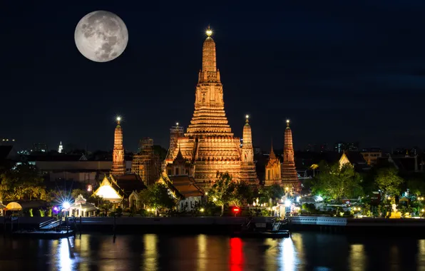 Картинка ночь, огни, луна, Таиланд, храм, Бангкок, Wat Arun